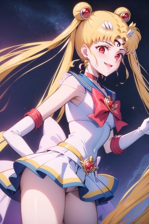 (best quality), (highly detailed), masterpiece, (official art),supersailormoon,red eyes,empty eyes:1.2, double bun, twintails, circlet, jewelry, earrings, choker, red bow, white gloves, elbow gloves, miniskirt,cowboy shot,crescent facial mark,edgGesugao,edgGesugao facial expression,evil smile:1.3,sadistic smile,looking dawn,side_view,dark_skin_female,looking_at_viewer.
The overall atmosphere is dark and mysterious, with a sense of power and control emanating from her posture.