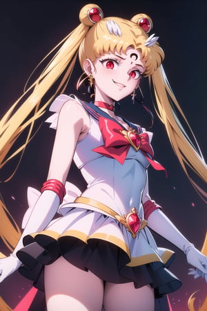 (best quality), (highly detailed), masterpiece, (official art),supersailormoon,red eyes,empty eyes:1.2, double bun, twintails, circlet, jewelry, earrings, choker, red bow, white gloves, elbow gloves, miniskirt,cowboy shot,((forehead mark, crescent facial mark, black crystal earrings)),edgGesugao,edgGesugao facial expression,evil smile:1.3,sadistic smile,looking dawn,side_view,dark_skin_female,looking_at_viewer,from below,
The overall atmosphere is dark and mysterious, with a sense of power and control emanating from her posture.