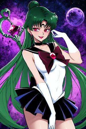 sailor pluto,meiou setsuna,edgGesugao,edgGesugao facial expression,sadistic smile,evil smile, A dark and mysterious female character inspired by the style of classic anime. The overall atmosphere is dark and mysterious, with a sense of power and control emanating from her posture.,
star (symbol), stardust, sparkle, pluto, planets,holding garnet rod,sailor senshi uniform, jewelry, gloves, earrings, black gloves, bow, sailor collar, elbow gloves, circlet, blue bow, black skirt, black choker, pleated skirt, miniskirt, brooch, back bow,