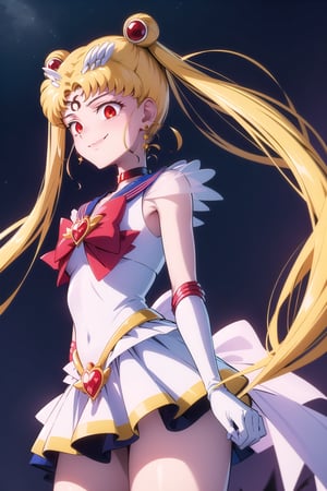 (best quality), (highly detailed), masterpiece, (official art),supersailormoon,red eyes,empty eyes:1.2, double bun, twintails, circlet, jewelry, earrings, choker, red bow, white gloves, elbow gloves, miniskirt,cowboy shot,crescent facial mark,edgGesugao,edgGesugao facial expression,evil smile:1.3,sadistic smile,looking dawn,side_view,dark_skin_female,looking_at_viewer,from below,
The overall atmosphere is dark and mysterious, with a sense of power and control emanating from her posture.