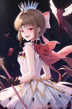 ((masterpiece, best quality)),highres, kinomoto sakura, 1girl, brown hair, short hair, antenna hair, ahoge, crown, red eyes,empty eyes:1.4, white dress, sleeveless, white gloves,(forehead mark, crescent facial mark, black crystal earrings),holding staff,edgGesugao,edgGesugao facial expression,((sadistic smile,evil smile)), cowboy shot, outer space, puffy short sleeves, red headwear, frills, red bow, white thighhighs,look back,from below