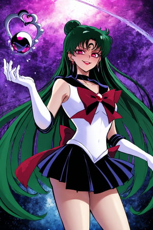 sailor pluto,meiou setsuna,edgGesugao,edgGesugao facial expression,sadistic smile,evil smile, A dark and mysterious female character inspired by the style of classic anime. The overall atmosphere is dark and mysterious, with a sense of power and control emanating from her posture.,
star (symbol), stardust, sparkle, pluto, planets,holding garnet rod,sailor senshi uniform, jewelry, gloves, earrings, black gloves, bow, sailor collar, elbow gloves, circlet, red bow, black skirt, black choker, pleated skirt, miniskirt, brooch, back bow,