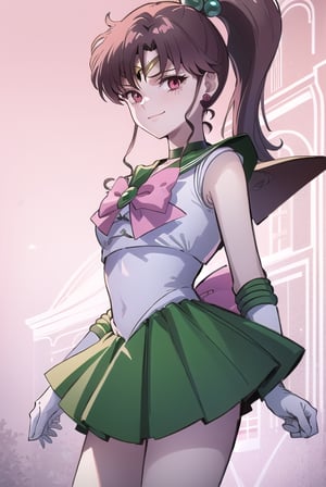 (best quality), (highly detailed), masterpiece, (official art),hmjupiter,red eyes,empty eyes, ponytail,crescent facial mark,jewelry, sailor senshi uniform, green sailor collar, choker, elbow gloves, white gloves, pink bow, brooch, white leotard, green skirt,cowboy shot, pleated skirt,edgGesugao,edgGesugao facial expression,evil smile,sadistic smile,looking dawn,dark aura,View your viewers,thunder_background,dark aura