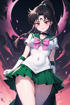 (masterpiece,  best quality),(official art),  ultra detailed,  sailor jupiter, brown hair, circlet, hair bobbles, hair ornament, medium hair, ponytail, sidelocks, parted bangs:1.5, red eyes,empty eyes:1.2,((forehead mark, crescent facial mark, black crystal earrings)),back bow, bow, bowtie, brooch, choker, earrings, elbow gloves, flower earrings, gem, gloves, green choker, green gemstone, green sailor collar, green skirt, jewelry, miniskirt, pink bow, pink bowtie, pleated skirt, sailor collar, shirt, short sleeves, sidelocks, skirt, white gloves:1.4, white shirt,age up,cowboy shot,edgGesugao,edgGesugao facial expression,evil smile:1.3,sadistic smile, thunderstorm,from below,looking_at_viewer,A dark and mysterious female character inspired by the style of classic anime. She has an evil face with an evil smile, giving her an imposing and intimidating presence. The overall atmosphere is dark and mysterious, with a sense of power and control emanating from her posture.,