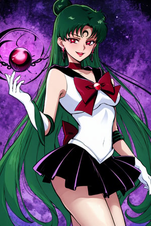 sailor pluto,meiou setsuna,edgGesugao,edgGesugao facial expression,sadistic smile,evil smile, A dark and mysterious female character inspired by the style of classic anime. The overall atmosphere is dark and mysterious, with a sense of power and control emanating from her posture.,
star (symbol), stardust, sparkle, pluto, planets,holding garnet rod,sailor senshi uniform, jewelry, gloves, earrings, black gloves, bow, sailor collar, elbow gloves, circlet, red bow, black skirt, black choker, pleated skirt, miniskirt, brooch, back bow,