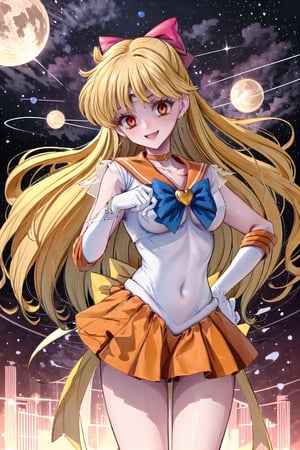 (masterpiece,  best quality),  ultra detailed,  1girl, sailor venus,  aino minako,  long hair,  red bow,  hair bow,  blonde hair,  tiara,  red eyes,empty eyes:1.4,crescent facial mark,  very long hair,  skirt,  bow,  sailor senshi uniform,  gloves,  choker,  orange choker,  jewelry,  orange skirt,  sailor collar,  elbow gloves,  white gloves,  back bow,  pleated skirt,  blue bow,  earrings,  orange sailor collar,  brooch,  heart brooch,  miniskirt,  covered navel,  star choker,  dynamic view,  heart,  heart symbol,  space,  outer space,(masterpiece),scenery,edgGesugao,edgGesugao facial expression,sadistic smile,evil smile