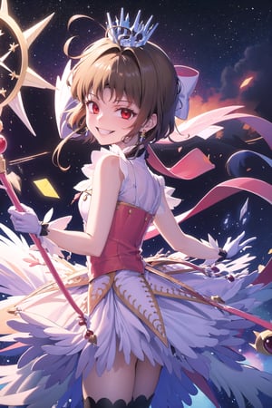 ((masterpiece, best quality)),highres, kinomoto sakura, 1girl, brown hair, short hair, antenna hair, ahoge, crown, red eyes,empty eyes:1.4, white dress, sleeveless, white gloves,(forehead mark, crescent facial mark, black crystal earrings),holding staff,((edgGesugao,edgGesugao facial expression,sadistic smile,evil smile,grin)), cowboy shot, outer space, puffy short sleeves, red headwear, frills, red bow, white thighhighs,look back,cowboy shot,from below