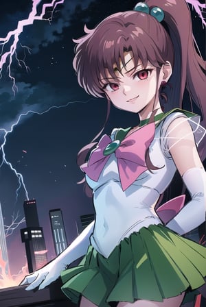 (best quality), (highly detailed), masterpiece, (official art),hmjupiter,red eyes,empty eyes, ponytail,evil smile:1.3,crescent facial mark,jewelry, sailor senshi uniform, green sailor collar, choker, elbow gloves, white gloves, pink bow, brooch, white leotard, green skirt,cowboy shot, pleated skirt,edgGesugao,edgGesugao facial expression,sadistic smile,looking dawn,dark aura,View your viewers,lightning,dark aura