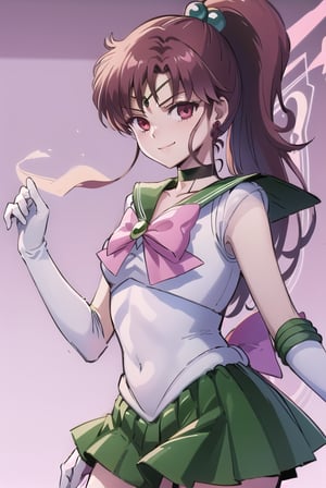 (best quality), (highly detailed), masterpiece, (official art),hmjupiter,red eyes,empty eyes, ponytail,crescent facial mark,jewelry, sailor senshi uniform, green sailor collar, choker, elbow gloves, white gloves, pink bow, brooch, white leotard, green skirt,cowboy shot, pleated skirt,edgGesugao,edgGesugao facial expression,evil smile,sadistic smile,looking dawn,dark aura,View your viewers,thunder_background,dark aura