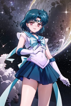 (masterpiece,  best quality),(official art),ultra detailed,1girl,1girl,sailor mercury, blue hair, short hair, red eyes,empty eyes:1.2,((forehead mark, crescent facial mark, black crystal earrings)),tiara, bow, choker, sailor collar, skirt, circlet, earrings, elbow gloves, knee boots, magical girl, pleated skirt, sailor collar, sailor senshi uniform,(white gloves),cowboy shot,edgGesugao,edgGesugao facial expression,evil smile:1.3,sadistic smile, outer space,from below,looking_at_viewer,The overall atmosphere is dark and mysterious, with a sense of power and control emanating from her posture.