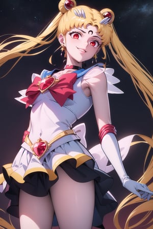 (best quality), (highly detailed), masterpiece, (official art),supersailormoon,red eyes,empty eyes:1.2, double bun, twintails, circlet, jewelry, earrings, choker, red bow, white gloves, elbow gloves, miniskirt,cowboy shot,((forehead mark, crescent facial mark, black crystal earrings)),edgGesugao,edgGesugao facial expression,evil smile:1.3,sadistic smile,looking dawn,side_view,dark_skin_female,looking_at_viewer,from below,
The overall atmosphere is dark and mysterious, with a sense of power and control emanating from her posture.