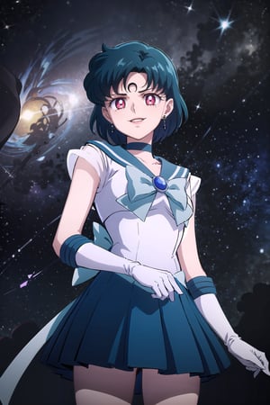 (masterpiece,  best quality),(highly detailed),(official art),ultra detailed,1girl,1girl,sailor mercury, blue hair, short hair, red eyes,empty eyes:1.2,((forehead mark, crescent facial mark, black crystal earrings)), bow, choker, sailor collar, skirt,  elbow gloves, knee boots, magical girl, pleated skirt, sailor collar, sailor senshi uniform,(white gloves),cowboy shot,edgGesugao,edgGesugao facial expression,(evil smile),sadistic smile, outer space,from below,looking_at_viewer,upper body,A dark and mysterious female character inspired by the style of classic anime. She has an evil face with an evil smile, giving her an imposing and intimidating presence. The overall atmosphere is dark and mysterious, with a sense of power and control emanating from her posture.,