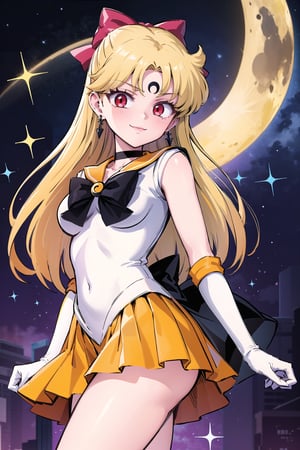 (masterpiece,  best quality),(official art),  ultra detailed,1girl, sailor venus, blonde hair,bow,hair bow, half updo,long hair,red bow, tiara,red eyes,empty eyes:1.2,((forehead mark, crescent facial mark, black crystal earrings)),back bow, choker, elbow gloves, gloves, jewelry, magical girl, orange choker, orange sailor collar, orange skirt, sailor collar, sailor senshi uniform, school uniform, serafuku, skirt,(white gloves),cowboy shot,edgGesugao,edgGesugao facial expression,evil smile:1.3,sadistic smile, outer space,from below,looking_at_viewer,The overall atmosphere is dark and mysterious, with a sense of power and control emanating from her posture.