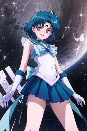 (masterpiece,  best quality),(official art),ultra detailed,1girl,1girl,sailor mercury, blue hair, short hair, red eyes,empty eyes:1.2,((forehead mark, crescent facial mark, black crystal earrings)), bow, choker, sailor collar, skirt,  elbow gloves, knee boots, magical girl, pleated skirt, sailor collar, sailor senshi uniform,(white gloves),cowboy shot,edgGesugao,edgGesugao facial expression,evil smile:1.3,sadistic smile, outer space,from below,looking_at_viewer,The overall atmosphere is dark and mysterious, with a sense of power and control emanating from her posture.