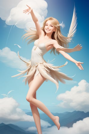 girl, God, feather, floating, on cloud, smile, beauty, longlegs