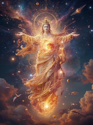 God statue. galaxy. magical. floating.