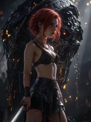 girl, wear short skirt, short-hair, hold sword, beauty, sexy, dark environment, whiteskin, redhair, yelloweyes, killed beast