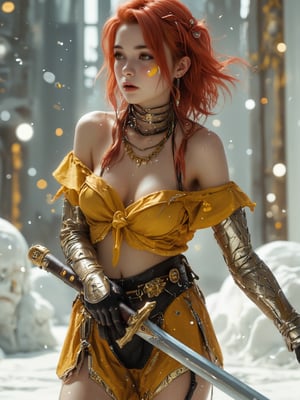 girl, wear short skirt, short-hair, hold sword, beauty, sexy, withe environment, whiteskin, redhair, yelloweyes, background white balls