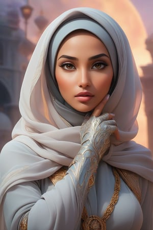 A visually stunning and surreal digital painting featuring an ethereal woman wearing a full hijab and mecha arms. Her flawless facial detailing is captured in radiant colors, as she gracefully rises from the veils of luminosity and smoke. The dreamy backdrop showcases her weightless movement, with silhouette style elements and a photorealistic finish. The ultra-detailed and exceptionally clear image showcases intricate details, making it a breathtaking masterpiece in the realm of digital art.
