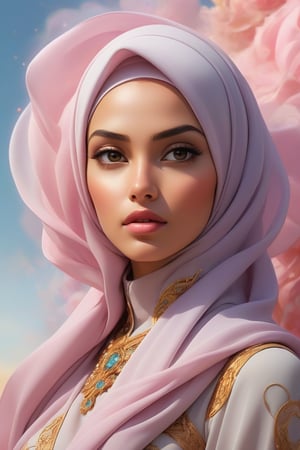 A visually stunning and surreal digital painting featuring an ethereal woman wearing a full hijab and mecha arms. Her flawless facial detailing is captured in radiant colors, as she gracefully rises from the veils of luminosity and smoke. The dreamy backdrop showcases her weightless movement, with silhouette style elements and a photorealistic finish. The ultra-detailed and exceptionally clear image showcases intricate details, making it a breathtaking masterpiece in the realm of digital art.
