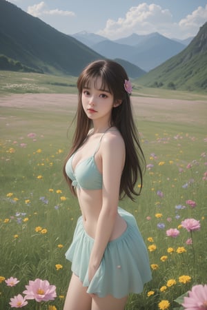 score_9, score_8_up, score_7_up,art,realism, biyao, long hair, solo, 1 girl, long hair, sexy bikini, flower meadow, flowers blown away by the wind, sunny, mountains in the background, detailed background