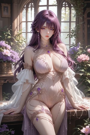 Hand,detailed,perfect,perfection,hands, yunxi, kxf, long hair, purple hair, detailed face, perfect eyes, score_9, score_8_up, score_7_up, score_6_up, revealing clothes, sexy clothes, full length, clearing of purple flowers, purple tone