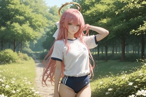 Hand,detailed,perfect,perfection,hands,kxf,  score_9, score_8_up, score_7_up, source_anime, 1girl, solo, outdoors, park, cowboy shot, standing, looking at viewer, shiny skin, urawa_hanako, green eyes, pink hair, very long hair, ahoge, braid, white bow, hair bow, halo, white shirt, short sleeves, gym uniform, buruma