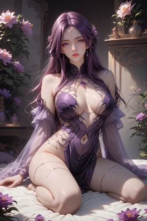 Hand,detailed,perfect,perfection,hands, yunxi, kxf, long hair, purple hair, detailed face, perfect eyes, score_9, score_8_up, score_7_up, score_6_up, revealing clothes, sexy clothes, full length, clearing of purple flowers, purple tone