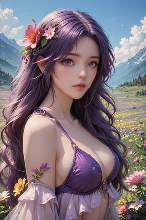 score_9, score_8_up, score_7_up,art,realism, yunxi, long hair, solo, 1 girl, long hair,  purple hair , sexy bikini, flower meadow, flowers blown away by the wind, sunny, mountains in the background, detailed background,yunxi