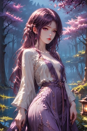 score_9, score_8_up, score_7_up, solo, 1 girl, art, realism, huoling'er, long hair, night, fantastic place, gazebo, purple trees, moonlight, sexy clothes, lake in the background, detailed background , purple-leafed trees