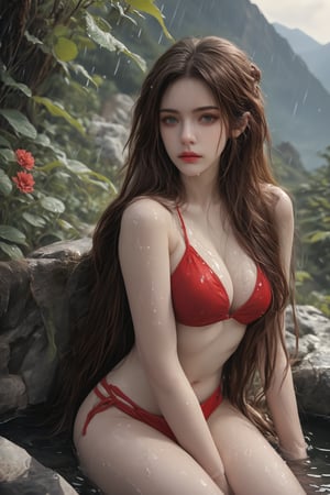 score_9, score_8_up, score_7_up, art, realism,medusa , long hair, solo, 1 girl, long hair, red sexy bikini, clody , rain , wet body , mountain palyan, mountains in the background, mountain river, sitting on a wet stone, detailed background,medusa