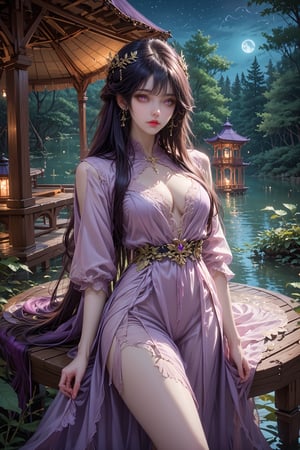 score_9, score_8_up, score_7_up, solo, 1 girl, art, realism,baiyuerong, long hair, night, fantastic place, gazebo, purple trees, moonlight, sexy clothes, lake in the background, detailed background , purple-leafed trees,source_real,rating_explicit,BREAK,baiyuerong,dark atmosphere, glowy eyes