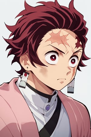 score_9, score_8_up, score_7_up, score_6_up, score_5_up, score_4_up, source_anime, BREAK, 1boy, male focus, tanjirou_kamado, red hair, red eyes, simple background, short hair, scar, scar on face, scar on forehead