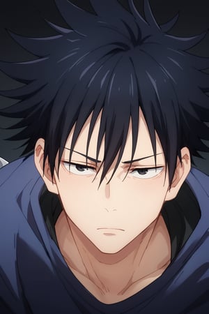 score_9, score_8_up, score_7_up, score_6_up, score_5_up, score_4_up, source_anime, BREAK, 1boy, male focus, megumi_fushiguro, black hair, black eyes, simple background, short hair, spiked hair, bangs, hair between eyes