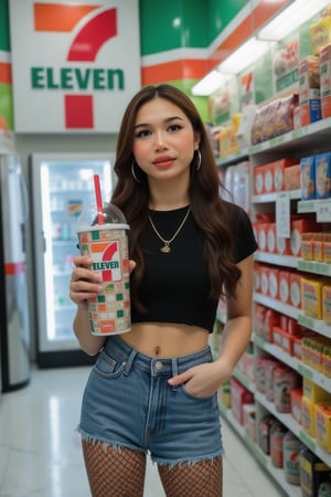 Vibrant 7-Eleven convenience store scene: A young woman with dark brown hair and fair skin stands out against brightly lit shelves stocked with snacks and chips. She wears a black cropped top, light blue denim shorts, black fishnet stockings, and large hoop earrings. Holding a large bottle drink with the 7 Eleven logo and grid-like pattern design, she gazes slightly to the left, away from the camera. The modern atmosphere is enhanced by fluorescent lighting and a clean, tiled floor.