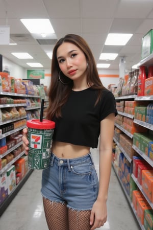 The image is a vibrant, high-resolution photograph taken in a brightly lit convenience store. The central subject is a young woman with long, dark brown hair and fair skin. She is dressed in a black, cropped top that reveals her midriff and a pair of tight, light blue denim shorts. She is wearing black fishnet stockings and has large hoop earrings. She is holding a large, bottle drink in her right hand, which has a black straw and a red plastic lid with the "7 Eleven" logo and text. 7-Eleven logo, featuring a white background with the number "7" in bold orange and the text "7-Eleven" in white. 
The cup's design includes a grid-like pattern with various geometric shapes and symbols in white and green, adding a modern and playful aesthetic. The rim of the cup is red, contrasting with the green body and providing a pop of color. 

The background is filled with shelves stocked with various snacks, chips, and other convenience store items. The shelves are organized neatly, with colorful packaging standing out against the white background. The ceiling features fluorescent lighting, and the floor is tiled in a light gray color. The overall atmosphere is modern and clean, typical of a well-maintained convenience store. The woman’s expression is neutral, and she is looking slightly to the left, away from the camera. The photograph captures a casual, everyday moment, highlighting the intersection of casual street style and convenience store culture.,711cup,imantroye