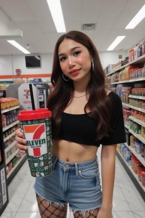 The image is a vibrant, high-resolution photograph taken in a brightly lit convenience store. The central subject is a young woman with long, dark brown hair and fair skin. She is dressed in a black, cropped top that reveals her midriff and a pair of tight, light blue denim shorts. She is wearing black fishnet stockings and has large hoop earrings. She is holding a large, bottle drink in her right hand, which has a black straw and a red plastic lid with the "7 Eleven" logo and text. 7-Eleven logo, featuring a white background with the number "7" in bold orange and the text "7-Eleven" in white. 
The cup's design includes a grid-like pattern with various geometric shapes and symbols in white and green, adding a modern and playful aesthetic. The rim of the cup is red, contrasting with the green body and providing a pop of color. 

The background is filled with shelves stocked with various snacks, chips, and other convenience store items. The shelves are organized neatly, with colorful packaging standing out against the white background. The ceiling features fluorescent lighting, and the floor is tiled in a light gray color. The overall atmosphere is modern and clean, typical of a well-maintained convenience store. The woman’s expression is neutral, and she is looking slightly to the left, away from the camera. The photograph captures a casual, everyday moment, highlighting the intersection of casual street style and convenience store culture.,711cup,imantroye