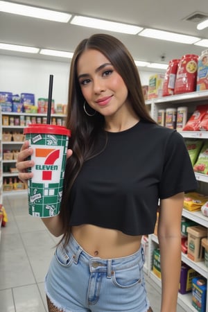 The image is a vibrant, high-resolution photograph taken in a brightly lit convenience store. The central subject is a young woman with long, dark brown hair and fair skin. She is dressed in a black, cropped top that reveals her midriff and a pair of tight, light blue denim shorts. She is wearing black fishnet stockings and has large hoop earrings. She is holding a large, bottle drink in her right hand, which has a black straw and a red plastic lid with the "7 Eleven" logo and text. 7-Eleven logo, featuring a white background with the number "7" in bold orange and the text "7-Eleven" in white. 
The cup's design includes a grid-like pattern with various geometric shapes and symbols in white and green, adding a modern and playful aesthetic. The rim of the cup is red, contrasting with the green body and providing a pop of color. 

The background is filled with shelves stocked with various snacks, chips, and other convenience store items. The shelves are organized neatly, with colorful packaging standing out against the white background. The ceiling features fluorescent lighting, and the floor is tiled in a light gray color. The overall atmosphere is modern and clean, typical of a well-maintained convenience store. The woman’s expression is neutral, and she is looking slightly to the left, away from the camera. The photograph captures a casual, everyday moment, highlighting the intersection of casual street style and convenience store culture.,711cup,eryshaemyra