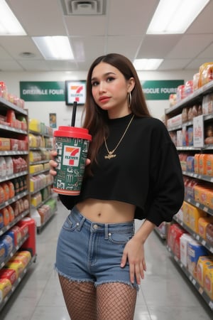 The image is a vibrant, high-resolution photograph taken in a brightly lit convenience store. The central subject is a young woman with long, dark brown hair and fair skin. She is dressed in a black, cropped top that reveals her midriff and a pair of tight, light blue denim shorts. She is wearing black fishnet stockings and has large hoop earrings. She is holding a large, bottle drink in her right hand, which has a black straw and a red plastic lid with the "7 Eleven" logo and text. 7-Eleven logo, featuring a white background with the number "7" in bold orange and the text "7-Eleven" in white. 
The cup's design includes a grid-like pattern with various geometric shapes and symbols in white and green, adding a modern and playful aesthetic. The rim of the cup is red, contrasting with the green body and providing a pop of color. 

The background is filled with shelves stocked with various snacks, chips, and other convenience store items. The shelves are organized neatly, with colorful packaging standing out against the white background. The ceiling features fluorescent lighting, and the floor is tiled in a light gray color. The overall atmosphere is modern and clean, typical of a well-maintained convenience store. The woman’s expression is neutral, and she is looking slightly to the left, away from the camera. The photograph captures a casual, everyday moment, highlighting the intersection of casual street style and convenience store culture.,711cup,imantroye