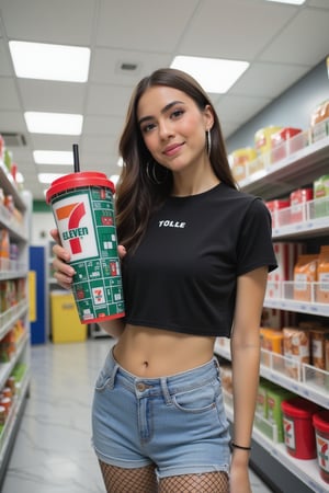 The image is a vibrant, high-resolution photograph taken in a brightly lit convenience store. The central subject is a young woman with long, dark brown hair and fair skin. She is dressed in a black, cropped top that reveals her midriff and a pair of tight, light blue denim shorts. She is wearing black fishnet stockings and has large hoop earrings. She is holding a large, bottle drink in her right hand, which has a black straw and a red plastic lid with the "7 Eleven" logo and text. 7-Eleven logo, featuring a white background with the number "7" in bold orange and the text "7-Eleven" in white. 
The cup's design includes a grid-like pattern with various geometric shapes and symbols in white and green, adding a modern and playful aesthetic. The rim of the cup is red, contrasting with the green body and providing a pop of color. 

The background is filled with shelves stocked with various snacks, chips, and other convenience store items. The shelves are organized neatly, with colorful packaging standing out against the white background. The ceiling features fluorescent lighting, and the floor is tiled in a light gray color. The overall atmosphere is modern and clean, typical of a well-maintained convenience store. The woman’s expression is neutral, and she is looking slightly to the left, away from the camera. The photograph captures a casual, everyday moment, highlighting the intersection of casual street style and convenience store culture.,711cup,eryshaemyra