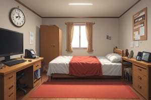 Anime room, brown colour, red mat, normal bed, computer , clock