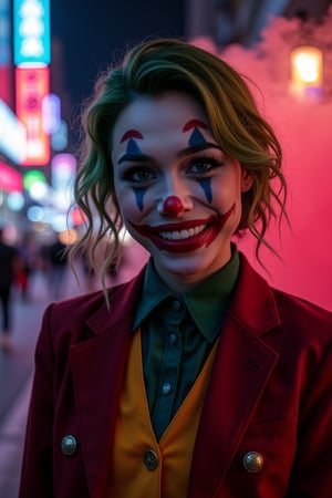 Art of a joker Joker's twisted grin wearing her ((makeup face:1.3)),  her suit, red smoke , her ((green hair:1.3)), dark night, ((neon light city)), cyberpunk realistic city background 