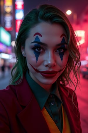 Art of a joker Joker's twisted grin wearing her ((makeup face:1.3)),  her suit, red smoke , her ((green hair:1.3)), dark night, ((neon light city)), cyberpunk realistic city background 