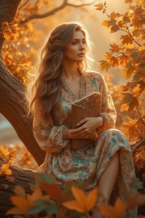 A woman sits serenely on a tree branch, cradling a book against her chest. Warm, golden sunlight filters through the autumn foliage, casting a gentle glow on her face. Her long, unraveling hair cascades down her shoulders, amidst a sea of golden leaves. Soft, floral dress complements the rustic setting. The woman's thoughtful gaze drifts into the distance, intricately capturing the textures of the leaves and warm lighting.