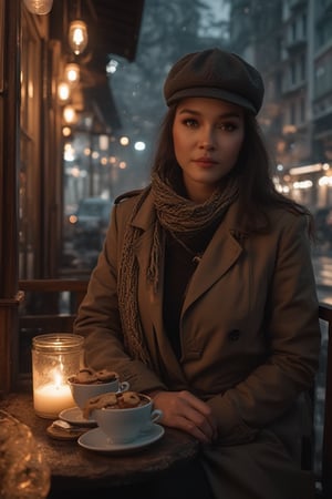 Moody cityscape at dusk, rain-soaked streets glisten in soft lighting, misty veil shrouding the scene. Sultry woman sits poised outside cozy coffee café, wrapped in warm glow from candle glass jar and wooden accents framing her enigmatic presence. She wears a scarf, flat cap, trench coat, inside high-neck shirt amidst rustic table setting with delicate cups and saucers filled with a few of cookies and chocolate, porcelain skin glowing beneath.