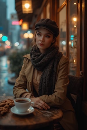 A moody cityscape at dusk, rain-soaked streets glistening in soft lighting. A sultry woman sits poised outside a cozy coffee café, wrapped in warm glow from lanterns and wooden accents framing her enigmatic presence. She wears a scarf, flat cap, trench coat, and inside high-neck shirt, amidst rustic table setting with delicate cups and saucers filled with cookies and chocolate, porcelain skin glowing beneath.