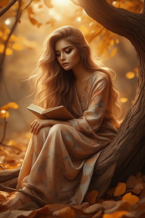 A portrait of a young woman sitting on a tree branch in an autumn setting, holding a book close to her chest. She wears a soft, floral dress, and her long, wavy hair falls over her shoulders. Warm, golden lighting from the sun shines through the trees, casting a soft glow on her face. The ground is covered in golden leaves, creating a serene, peaceful atmosphere. The woman gazes thoughtfully into the distance, with intricate attention to the textures of the leaves and the soft, warm lighting.