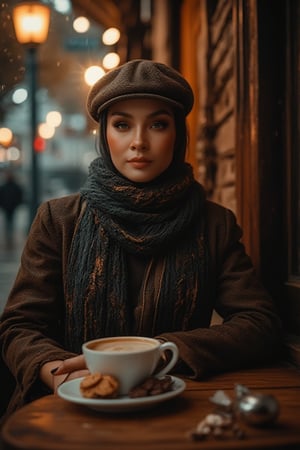 Moody cityscape at dusk: A rain-soaked street scene unfolds as soft lighting wraps the sultry woman in a warm glow. She sits poised outside a cozy coffee café, scarf and flat cap adding to her mystique. The wooden table, adorned with delicate cups and saucers filled with cookies and chocolate, provides a rustic contrast to her porcelain skin illuminated by gentle light. Framed by wooden accents, her enigmatic presence exudes cultural charm and contemporary style amidst deep shadows dancing across her skin.