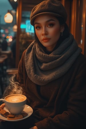 A sultry woman, styled in a scarf and flat cap, sits poised outside a cozy coffee café at dusk on a rain-soaked city street. She sips hot steaming coffee from a delicate cup and saucer filled with a few pieces of cookies and chocolate, her porcelain skin illuminated by soft lighting that casts a warm glow. The camera frames her enigmatic presence amidst rich wood tones, deep shadows dancing across her skin, as the moody urban backdrop exudes cultural charm and contemporary style against the rain-soaked city street's dark ambiance.