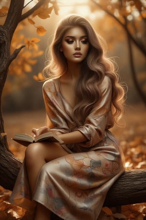 A portrait of a young woman sitting on a tree branch in an autumn setting, holding a book close to her chest. She wears a soft, floral dress, and her long, wavy hair falls over her shoulders. Warm, golden lighting from the sun shines through the trees, casting a soft glow on her face. The ground is covered in golden leaves, creating a serene, peaceful atmosphere. The woman gazes thoughtfully into the distance, with intricate attention to the textures of the leaves and the soft, warm lighting.